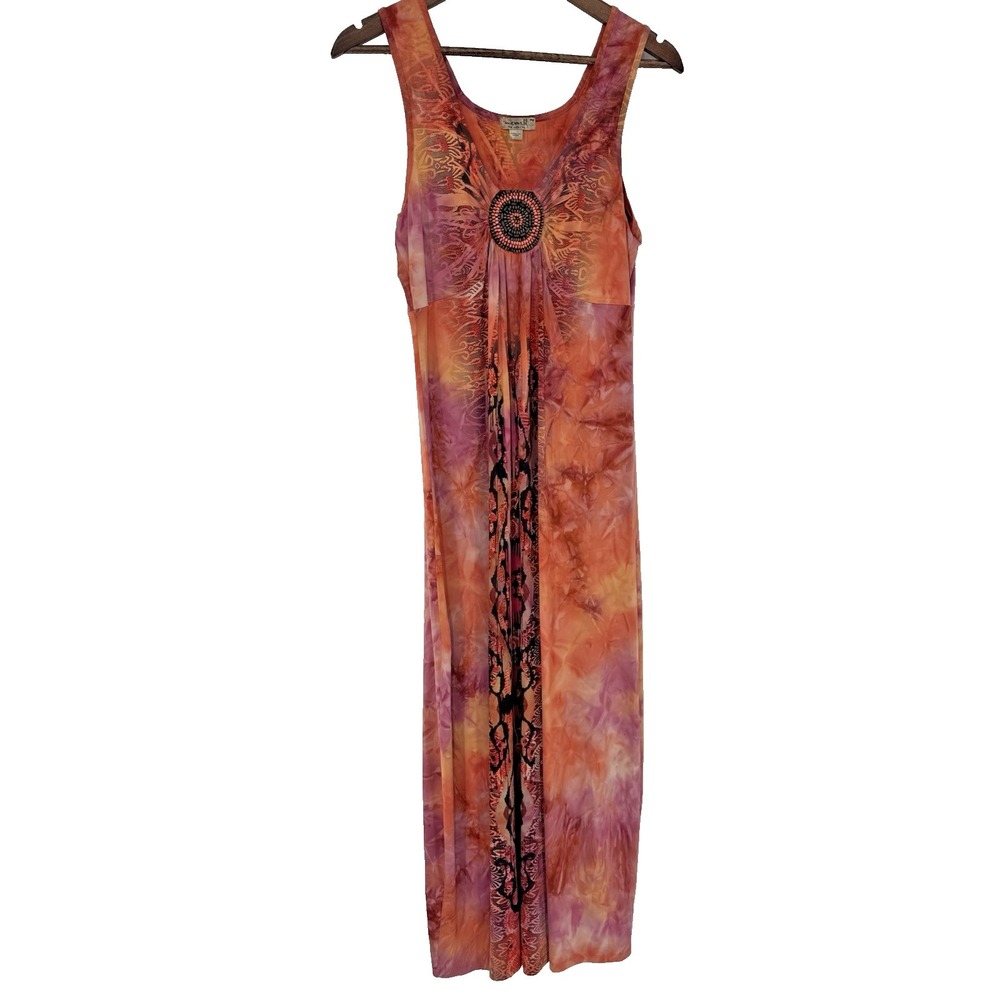 One World Sleeveless Tie Dye Stretch Colorful Maxi Dress Petite M y2k Boho hippi